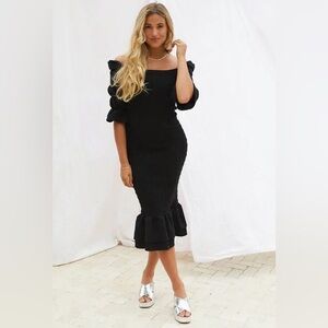 Never Fully Dressed Jojo Midi Dress 3/4 sleeve Black Ruffle Cotton